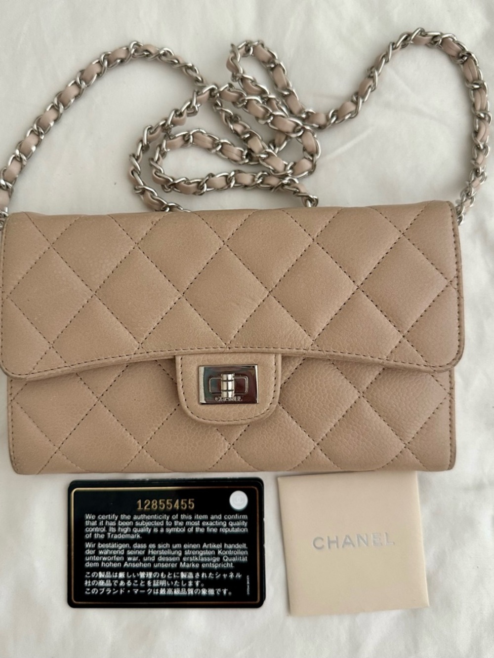 CHANEL Quilted Beige Leather Crossbody with Silver Chain
